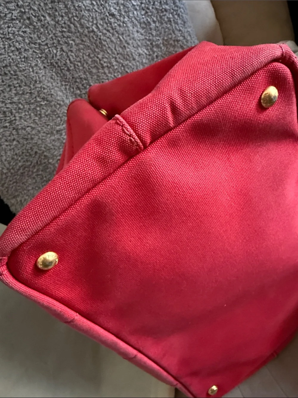 Prada Canapa Pink-Red Canvas Tote with Gold Hardware - Picture 5 of 16